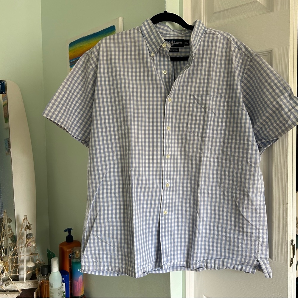 Men’s Ralph Lauren Purple and White Gingham Short Sleeve Button Up, Size L